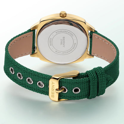 BERNY Gold Watch for Women Canvas Railway Watch Green Dial Ladies Wristwatch Quartz Pillow Watch Casual Fashion Ladies Watch
