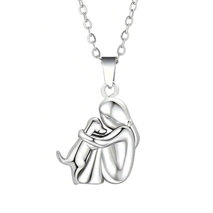 Cute, Two-Tone Girl Hugging Dog Necklace