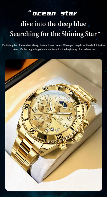 OLEV, S 2926 Men's, Luxury Brand, Waterproof, Calendar Moon Phase, Top Fashion, Stainless Steel Quartz, Chronograph Watch