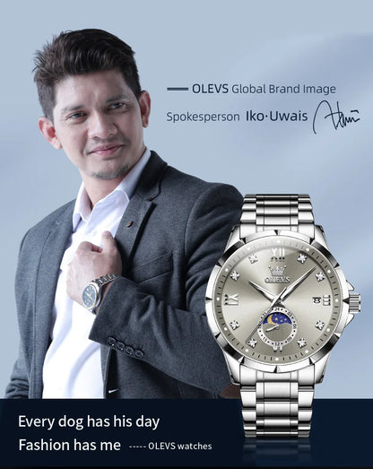 OLEV'S 2956 Men's, Luxury Brand, Waterproof, Calendar Moon Phase, Top Fashion, Stainless Steel Quartz, Chronograph Watch