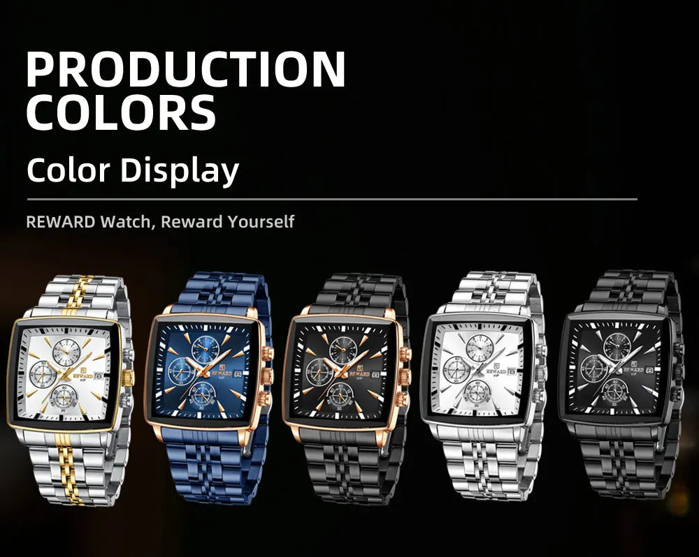 Men's Blue Luxury, Rectangular Business Quartz Wristwatch, Waterproof, with Luminous Hands, By REWARD