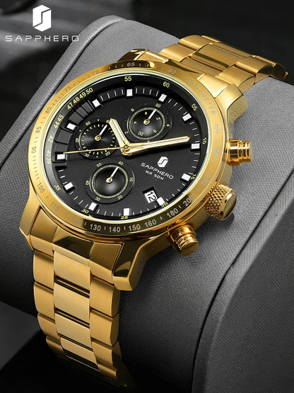 SAPPHERO, Luxury Brands, Gold Plated Stainless Steel, Men’s, Elegant, Waterproof, Quartz Watch…Perfect For That First Date