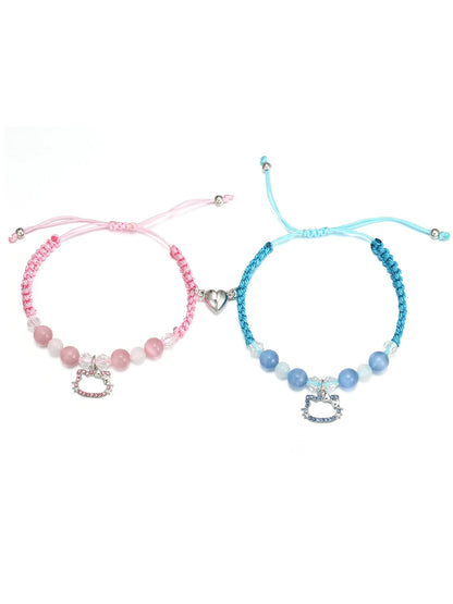 2 Pc Pink And Blue, String Spider And Cat, Heart Shaped Magnetic Couple's Bracelets