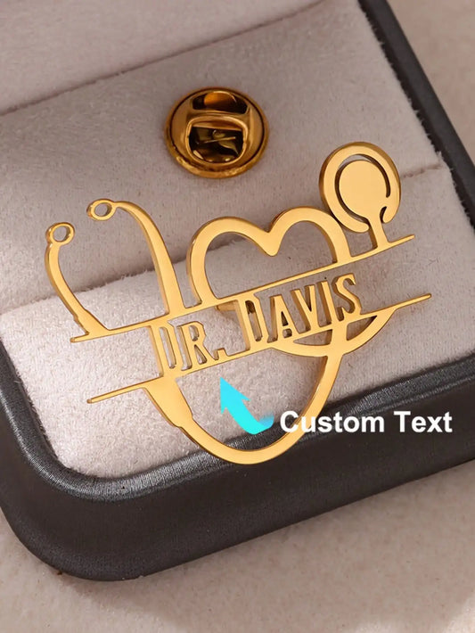 Personalized, Vintage Stethoscope, Heart Brooch Pin, Gold Plated Stainless Steel, Customized For Doctor, Nurse, Veterinarian