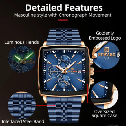 Men's Blue Luxury, Rectangular Business Quartz Wristwatch, Waterproof, with Luminous Hands, By REWARD