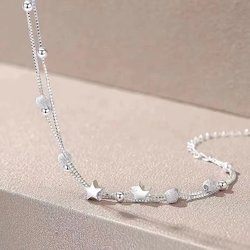 Luxury, 925 Sterling Silver, Star Beaded Bracelet for Women… Original Designer, Double Layered, Adjustable, Party Jewelry