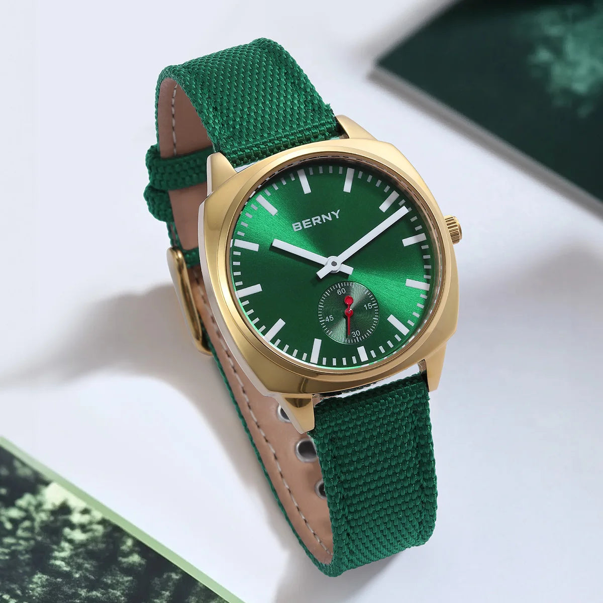 BERNY Gold Watch for Women Canvas Railway Watch Green Dial Ladies Wristwatch Quartz Pillow Watch Casual Fashion Ladies Watch