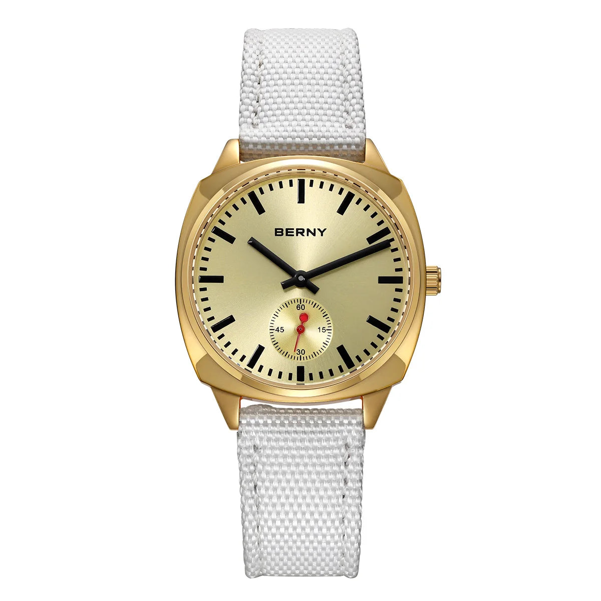 BERNY Gold Watch for Women Canvas Railway Watch Green Dial Ladies Wristwatch Quartz Pillow Watch Casual Fashion Ladies Watch