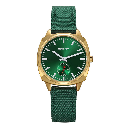 BERNY Gold Watch for Women Canvas Railway Watch Green Dial Ladies Wristwatch Quartz Pillow Watch Casual Fashion Ladies Watch