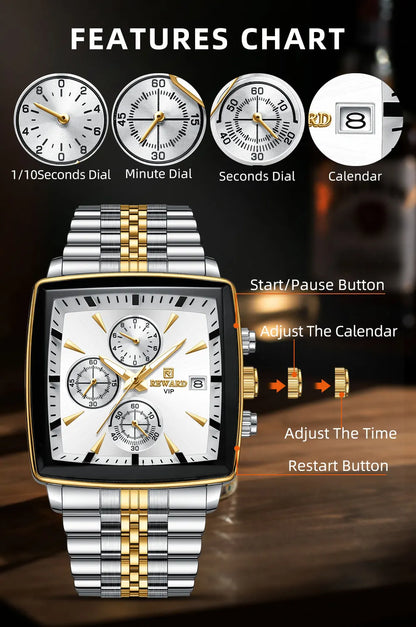 Men's Blue Luxury, Rectangular Business Quartz Wristwatch, Waterproof, with Luminous Hands, By REWARD