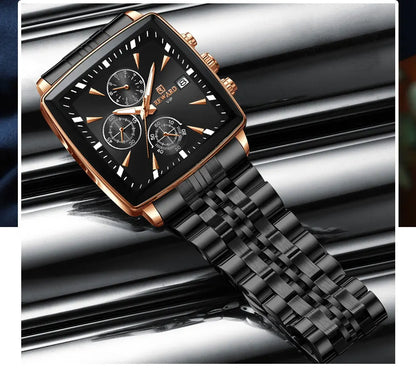 Men's Blue Luxury, Rectangular Business Quartz Wristwatch, Waterproof, with Luminous Hands, By REWARD