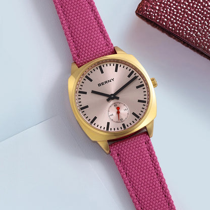 BERNY Gold Watch for Women Canvas Railway Watch Green Dial Ladies Wristwatch Quartz Pillow Watch Casual Fashion Ladies Watch