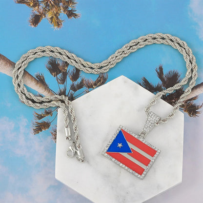 New Heart Puerto Rico Map/Flag Pendant Necklace With Imitation Rhinestones & 4mm Rope Link Chain, Stylish Jewelry For Men & Women
