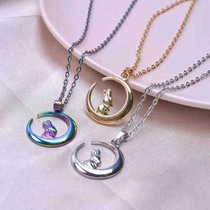 Stainless Steel, Kawaii Animal Rabbit Moon Pendant Necklaces For Women And Men. Please Invite,(Those Who Can), To Adopt Rabbits With This Gift Invitation.. Thank You!
