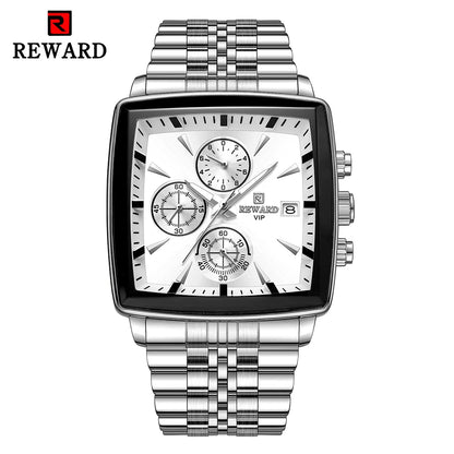 Men's Blue Luxury, Rectangular Business Quartz Wristwatch, Waterproof, with Luminous Hands, By REWARD
